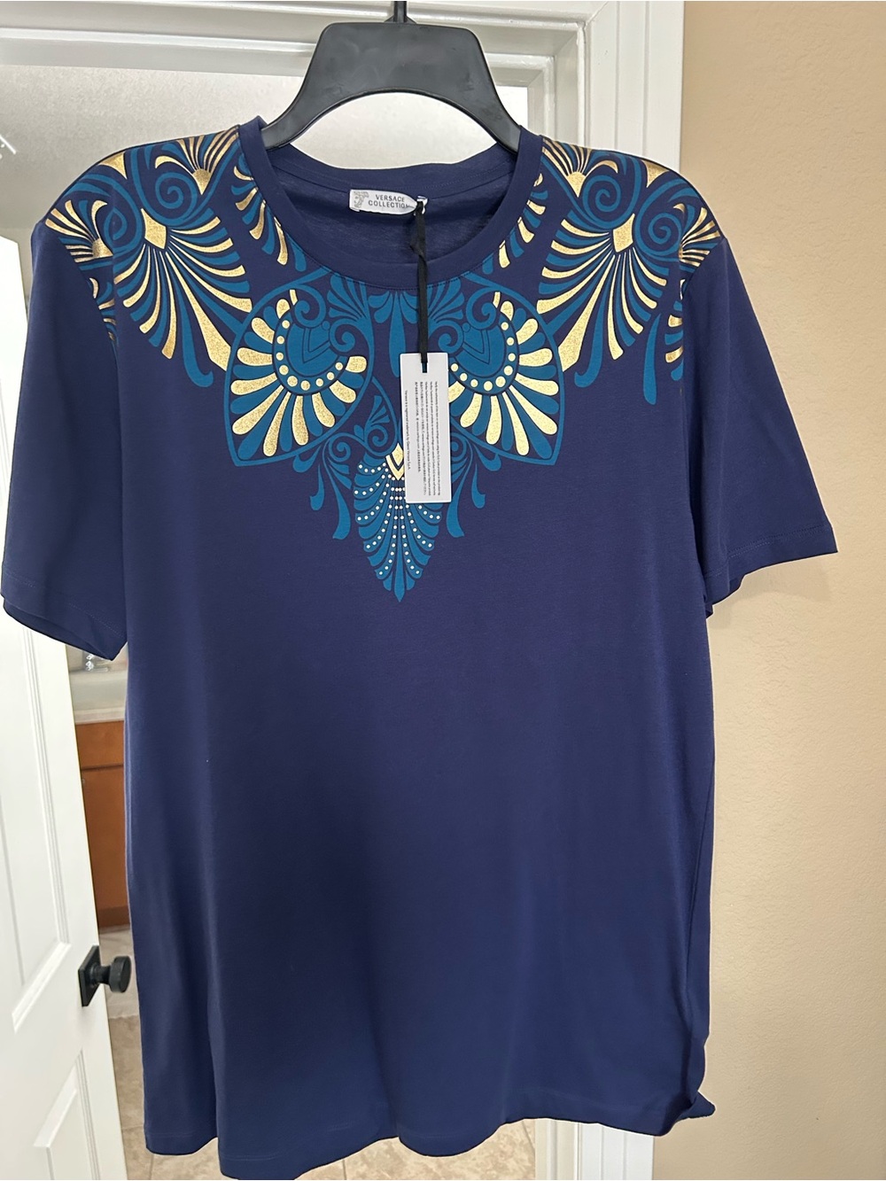 NWT Versace Collection Navy Tee with Teal and Gold Ornamental Neck Print